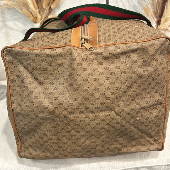 Gucci Duffle Bag GG Logo Canvas Brown Leather Trim Folding Travel Carry On - Picture 3 of 13
